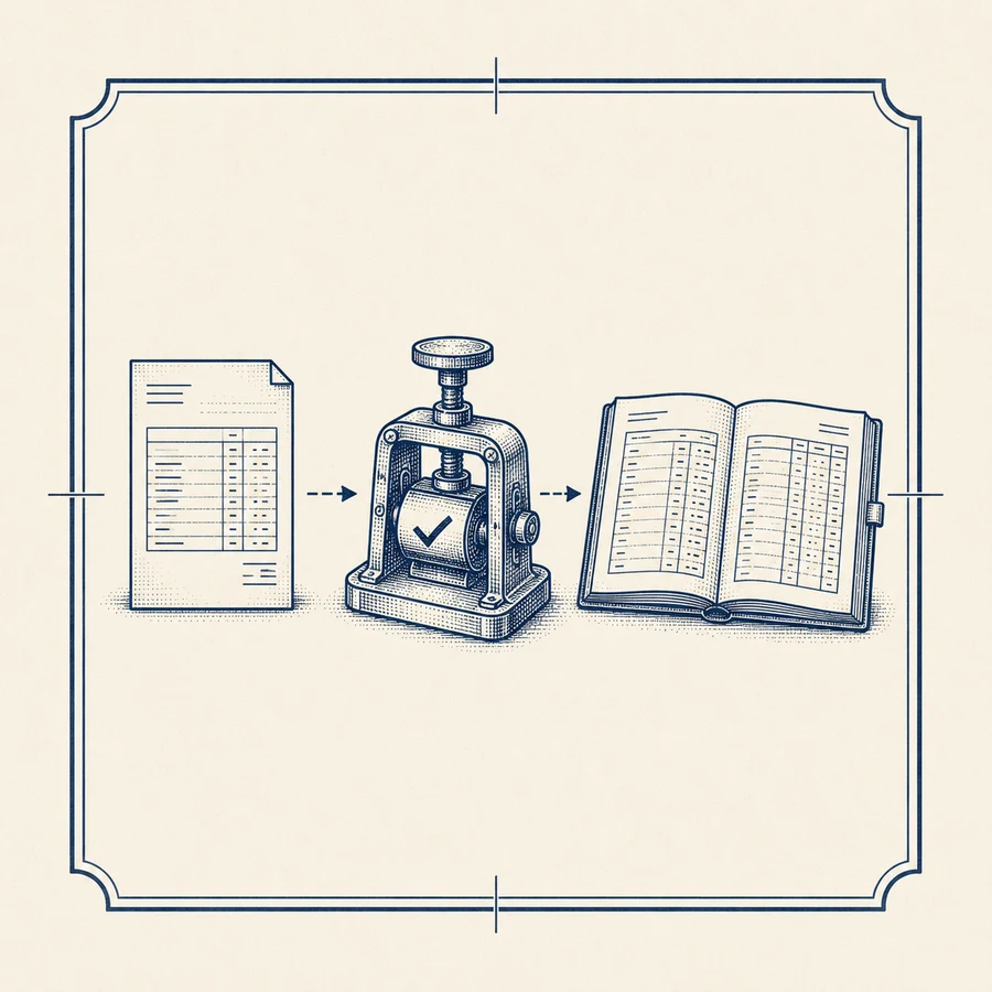 Patent-tekening van een factuur die via een stempelmechaniek in een boekhoudregister landt