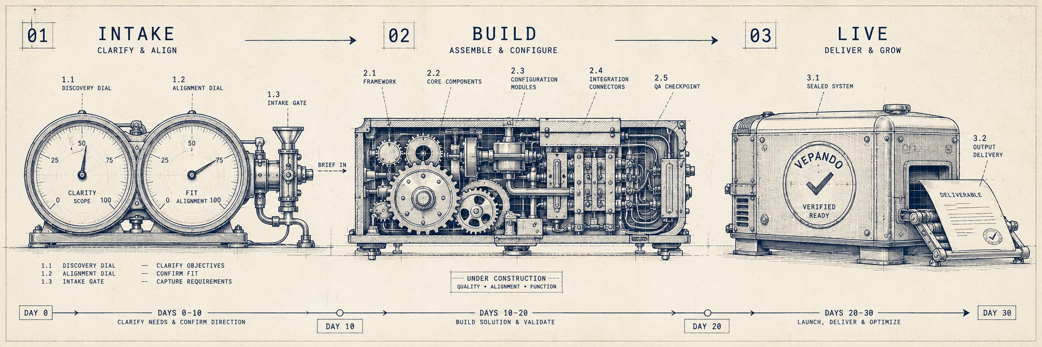 Patent-tekening van het 30-dagen proces in drie stappen: intake, bouwen en live